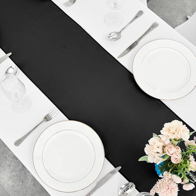10-Pack Black Satin Table Runner 12 x 108 Inch Long Bright and Smooth Silk Fabric Table Runner for Wedding Banquet Birthday Party Decoration