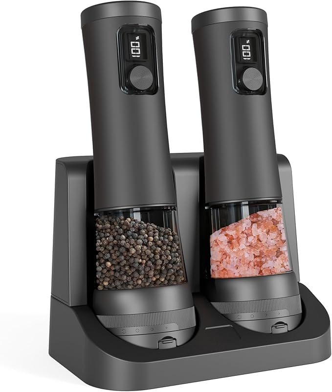 Electric Salt and Pepper Grinder Set With Battery Display Rechargeable Base, External Adjustable Coarseness, Automatic Ceramic Salt & Pepper Shakers Mills(Black Pro)