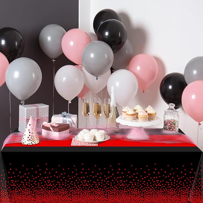 MASHAN 1Pcs Black and Red Tablecloth Party Decorations,Plastic Black Table Cloth Printed Red Table Runner Disposable Rectangle Cover for Birthday Weeding Anniversary Graduation Party,54 x108 Inch