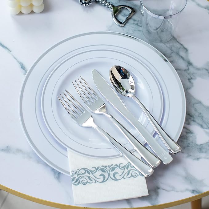 I00000 700 Piece Silver Dinnerware Set for 100 Guests-100 Dinner Plates, 100 Dessert Plates, 100 Disposable Cups 10 oz, 100 Paper Napkins, 100 Plastic Silverware Set Perfect for Party & Wedding