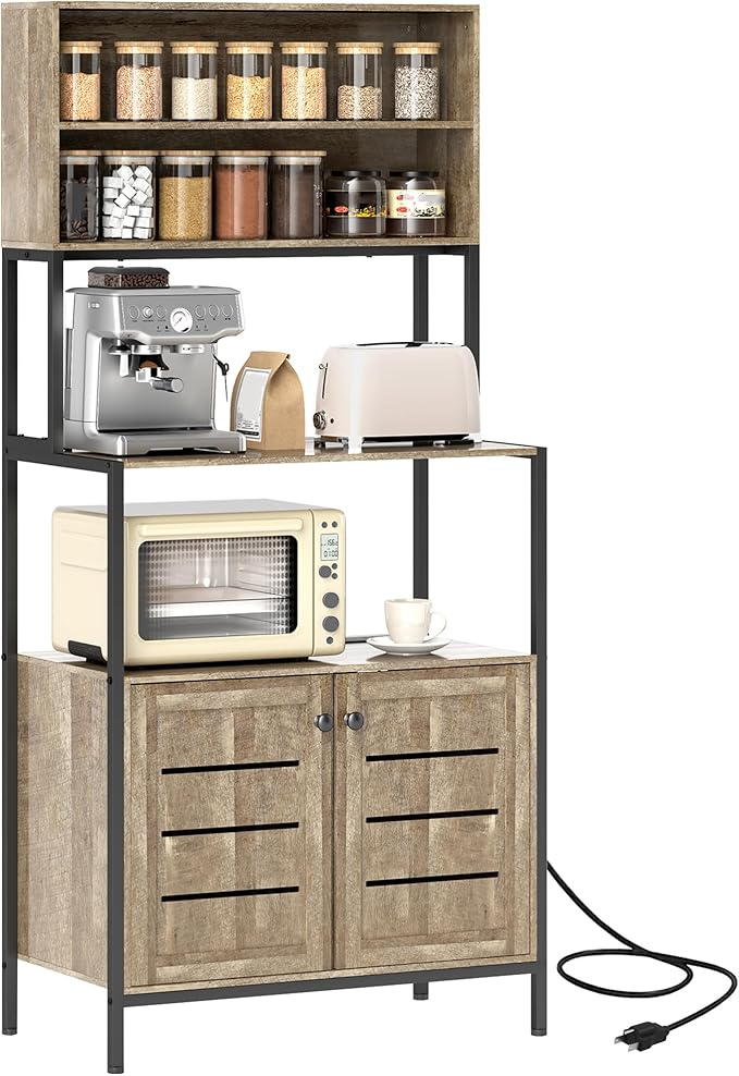 HOMCOM Kitchen Bakers Rack with Power Outlet, Coffee Bar Cabinet with Storage Shelves, Microwave Stand with Louvred Door Cabinets, Gray Wood Grain