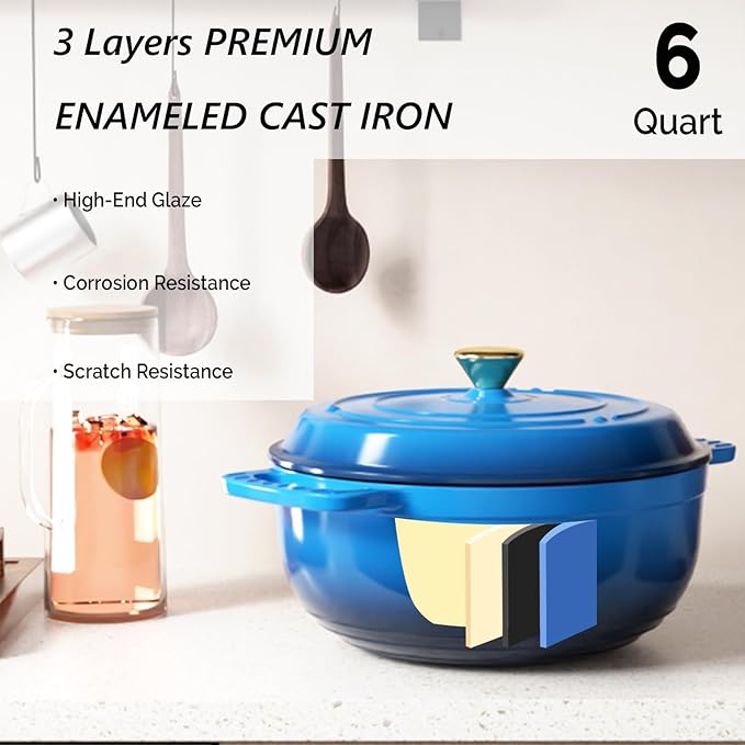 VINGLI 6QT Enameled Cast Iron Round Dutch Oven Pot with Lid, NonStick Casserole Pot with Dual Handles & Silicone GlovesRed, Oven Safe up to 500째F or on Stovetop, Dutch Oven for Bread Baking, Blue