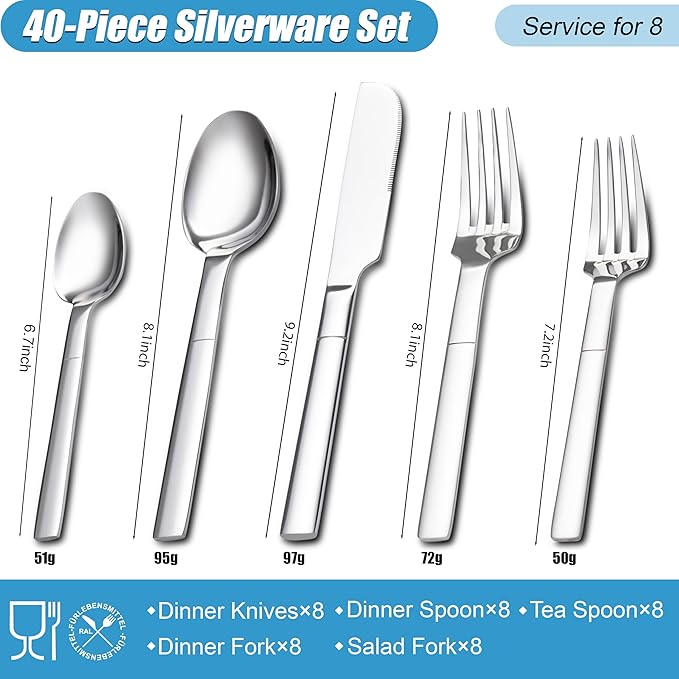 Heavy Duty Silverware Set for 8, 40 Piece Stainless Steel Flatware Utensils Cutlery Set Including Knife Fork and Spoon, Mirror Polished, Gift Package for Wedding Housewarming, Dishwasher Safe