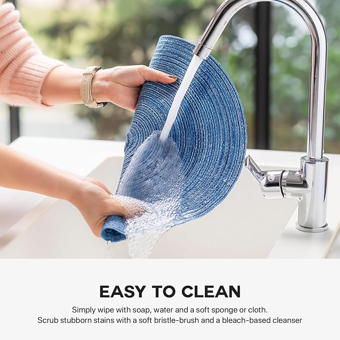 Round Placemats Set of 6 Woven Placemats Washable Braided Table Mats for Dining Table Heat Resistant Non-Slip Circle Place Mats(Mid Blue)