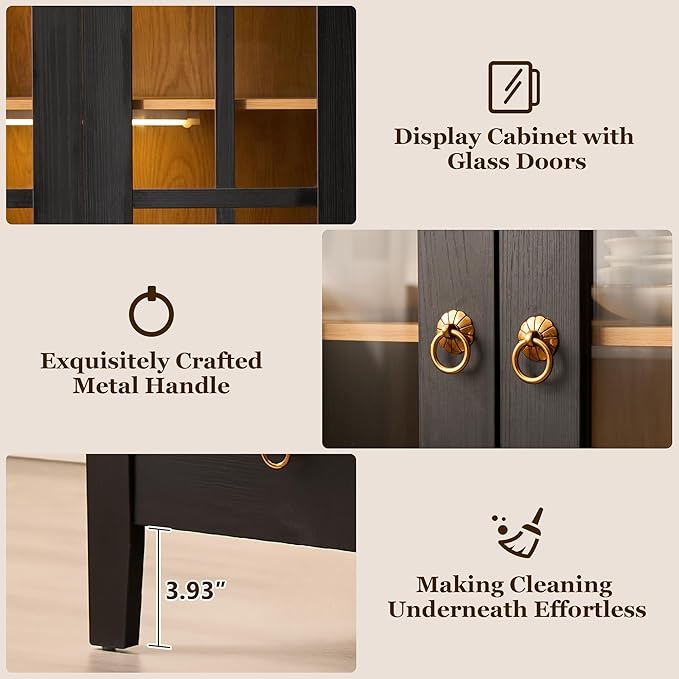 71" Tall Arched Cabinet with Glass Doors, Wood Kitchen Pantry with LED Sensor Lights, Farmhouse Freestanding Versatile Cupboard for Living Room,Dining Room,Home Office, Black