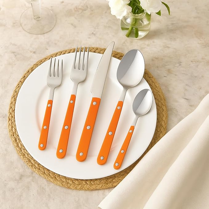 Khen 20-Piece Cutlery Set with Dinner Knives, Forks, Spoons, Salad Forks & Teaspoons ??Durable and Dishwasher Safe Utensil Set for Home, Kitchen, Parties & Special Occasions ??Orange Handle
