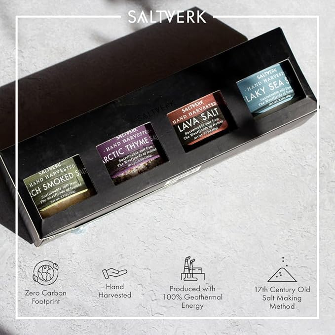 Saltverk Salt Gift Set - Includes 4 Jars - Flaky, Lava , Birch Smoked, Arctic Thyme Sea Salts- Gourmet, Icelandic, Hand Harvested and Sustainably Made - 12.33 Oz Total