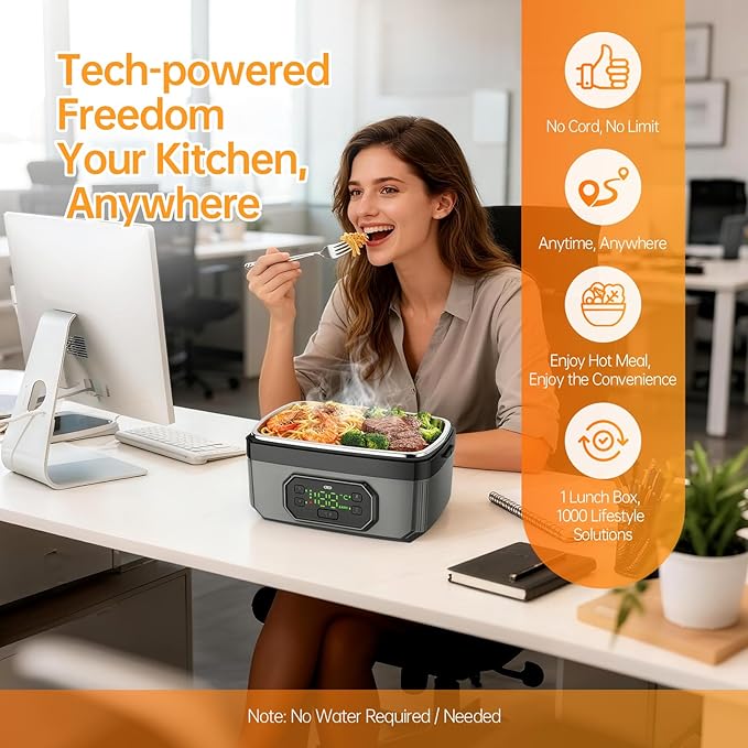 2025 Upgraded Model: 24000mAh Rechargeable Cordless Electric Lunch Box for Adults, 1.6L Food Warmer with Timer & Leak-Proof, Portable Self-Heating Container for Office, Car, Travel, Outdoor