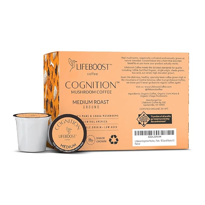 Lifeboost Cognition Mushroom Coffee Pods ??Organic Low Acid K-Cups with Lion?셲 Mane & Chaga Adaptogens ??Nootropic Coffee for Energy, Focus & Immune Support ??10 Count