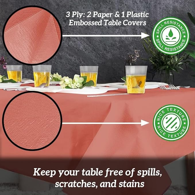 PARTY BARGAINS Disposable Table Covers, 54 x 108 Inch, Red, 3-Ply Paper & Plastic Spill-Resistant Party Tablecloths, 5 Pack