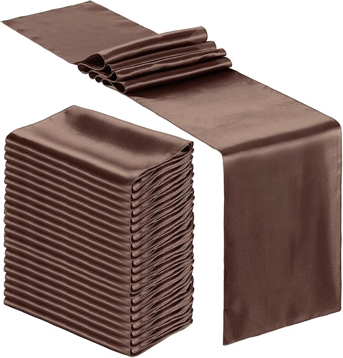 Bencailor 24 Pcs Brown Satin Table Runner Bulk 12 x 108 Inches Long Table Runners Bright Smooth Fabric Tablecloth for Wedding Banquet Birthday Valentines St Patrick's Day Party Decorations