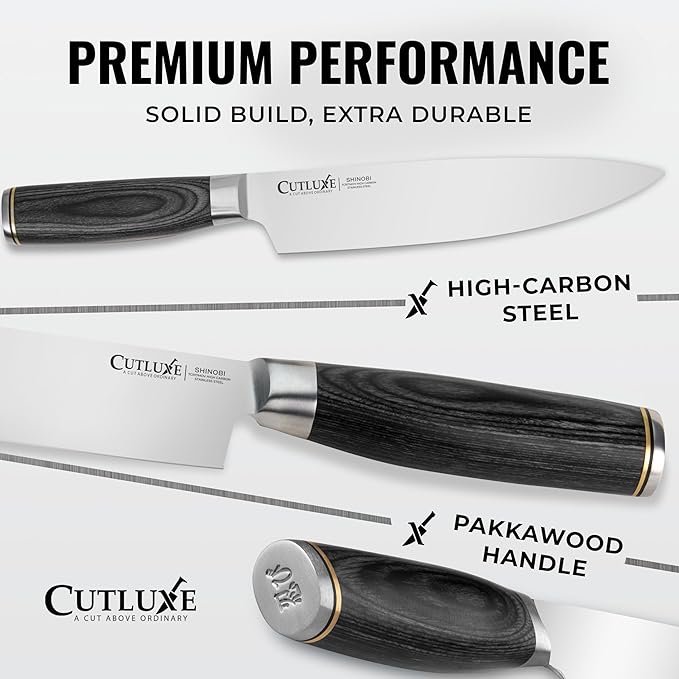 Cutluxe 3-Piece Chef Knife Set ??Ultra Sharp Japanese Kitchen Knives, High Carbon Stainless Steel Blades, Full Tang Pakkawood Handles ??Shinobi Series