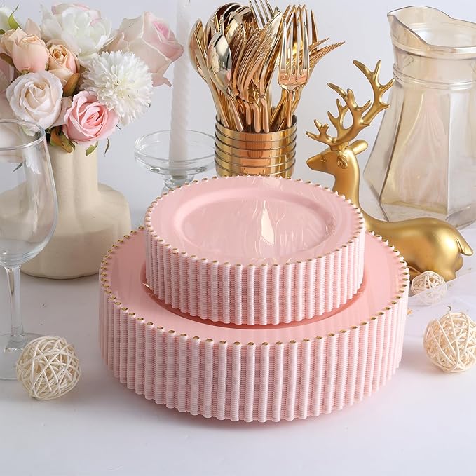 EI 60pcs Pink Plastic Plates with Gold Rim,Pink Party Plates Disposable,Heavy Duty Dinner/Dessert Fancy Elegant Plate for Wedding,Birthday,Afternoon Tea