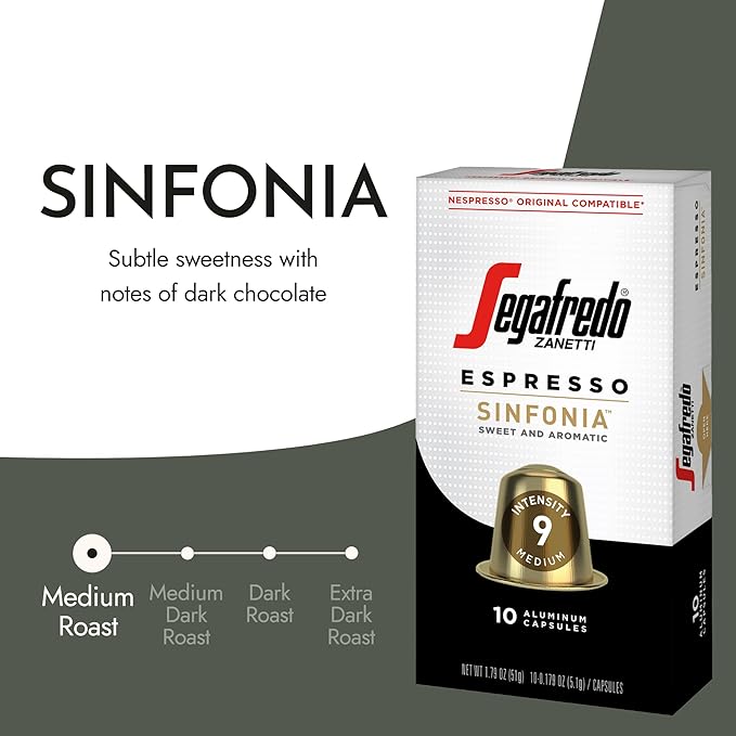 Segafredo Zanetti Espresso Capsules ??Aluminum Pods for Nespresso Original Machines ??Medium Roast Premium Espresso with a Sweet Aroma ??Subtle, Intensity 9 ??Sinfonia, 10 Count