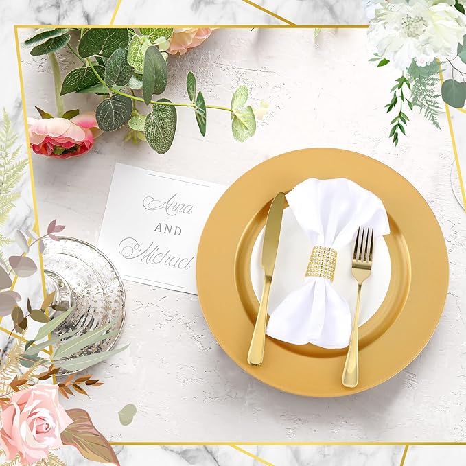 Tanlade 50 Pcs 13 Inch Charger Plates Bulk Round Wedding Chargers Plastic Dinner Plates for Table Setting Wedding Party Decoration (Gold)