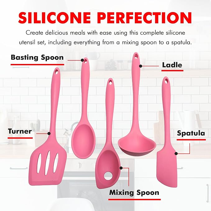 Chef Craft - Premium Silicone Kitchen Tools and Utensils Set, Non-Scratch, Withstands Temperatures up to 450째F, BPA-Free, 5 Piece Cooking Utensils Set, Pink