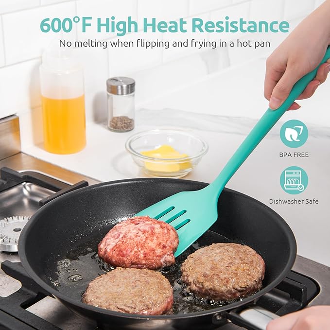 13.6" Slotted Silicone Turner: U-Taste 600쨘F Heat Resistant Kitchen Spatula Flipper, Food Grade Flexible Wide Seamless Rubber Cooking Utensil for Egg, Omelette, Burger in Nonstick Cookware (Aqua Sky)