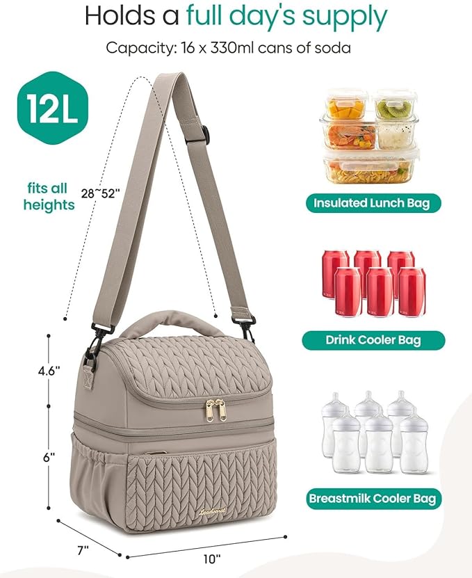 LEADVENST Lunch Bag Women, Double Deck Insulated Lunch Box - Large Capacity 12L with Detachable Divider for Tall Items, Leakproof, Durable & Reusable Cooler Bag For Work Picnic Travel, Quilted Khaki