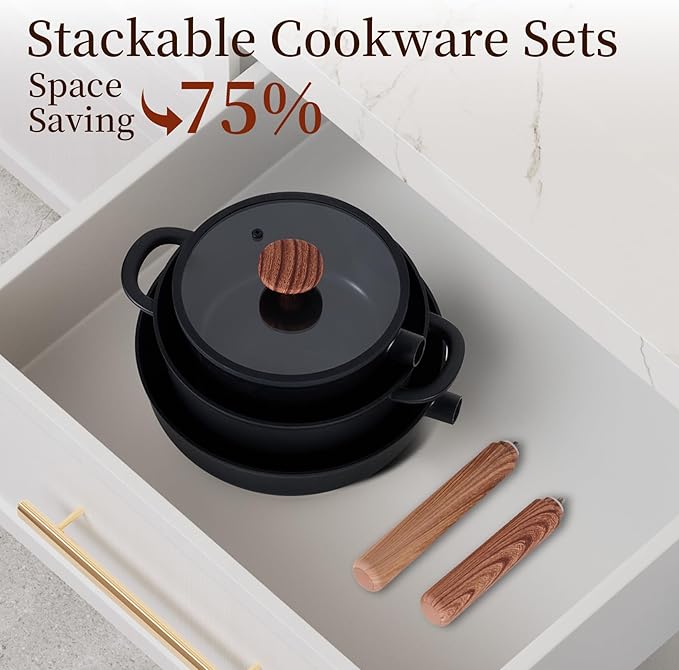 JEETEE Ceramic Cookware Set, 13 Pcs Pots and Pans Set Nonstick with Rotation Removable Handles, Healthy Non-Toxic Cooking Set for All Stoves, Stackable Pots Pans, Oven Safe, PFOA/PFOS Free, Black