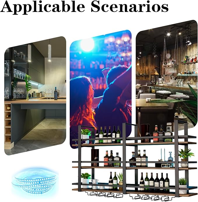 Wall Mounted Wine Rack with LED Light, Metal Liquor Bottles Display Shelf, Floating Shelves Display Storage Organizer, Wall Bar Shelves with Wine Glass Holder for Home Bar Kitchen (black, 55.1in)