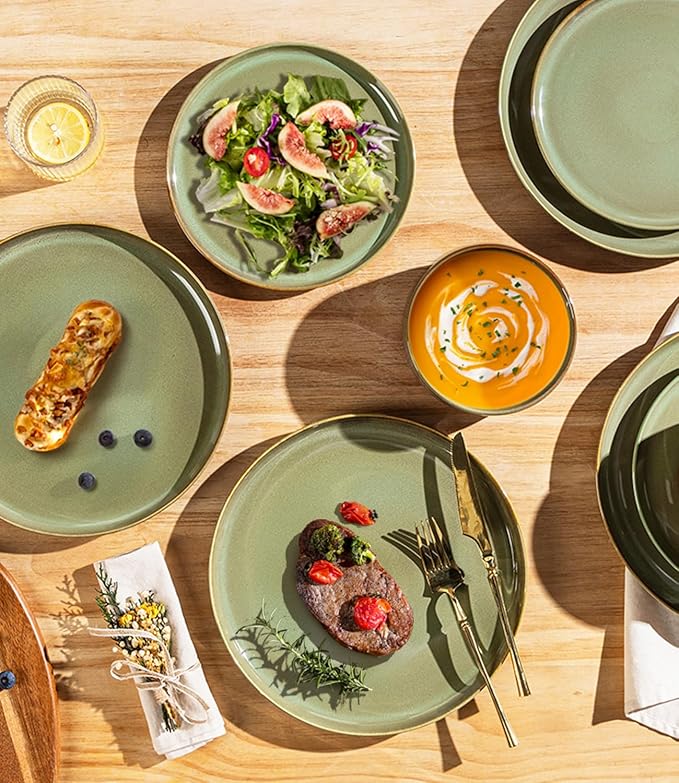 TheTerra Ceramic Dinnerware Sets, Handmade Reactive Glaze Plates and Bowls Set, Scratch Resistant Dish Set, Oven & Microwave & Dishwasher Safe, Service for 6, Sage Umber