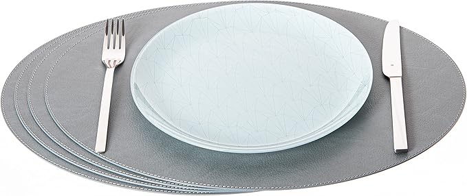 Nikalaz Oval Placemats Set (Pack of 4) Recycled Leather Table Mats 18 x 13 inches (45.7 x 33 centimetres), Kitchen Dining Table Decor by Nikalaz (Dirty Grey)