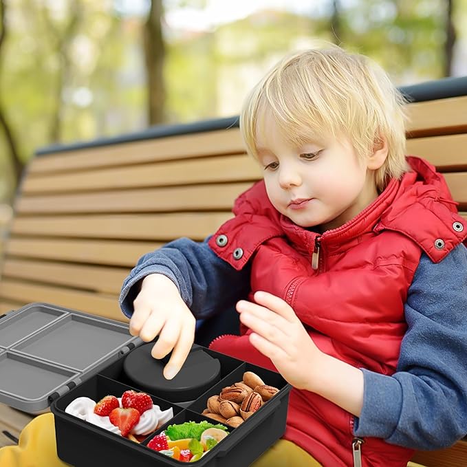 Aimsnk Kids Bento Lunch Box with 8oz Soup Thermo, Kids Leakproof Lunch Food Containers with 4 Compartment,Insulated Hot Food Jar with Lunch Bag for School, Travel (Black)