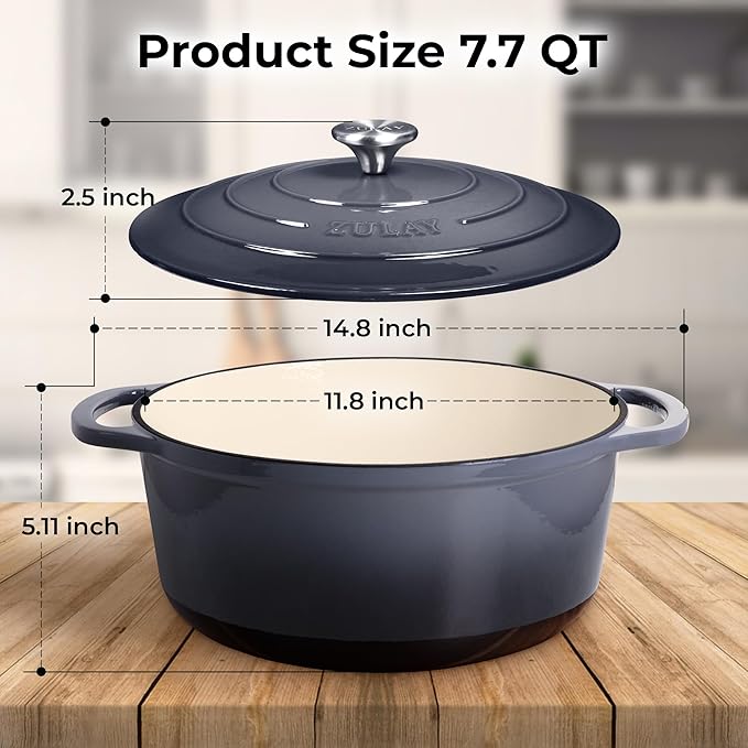 Zulay Kitchen 7.7 Quart Enameled Cast Iron Dutch Oven Pot with Lid ??Premium Durability & Oven Safe up to 500째F ??Heavy Duty Cookware Perfect for Bread Baking, Stews, Braising & Roasting ??Gray