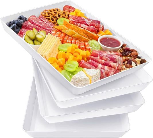 Lifewit 4 Pcs Plastic Serving Platter for Party, 16" x 12" White Trays for Serving Food, Reusable Extra Large Platters for Buffet, Appetizer, Fruit, Dessert, New Year Party Supplies, Rectangle