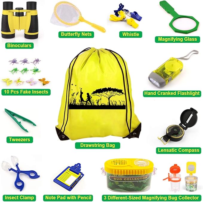 24 Pcs Kids Explorer Kit & Bug Catcher Kit for Kids, Outdoor Toys Adventure Camping Kit with Drawstring Bag, Binoculars, Compass, Butterfly Net, Educational Nature Exploration Toys Gift for Boys Girls