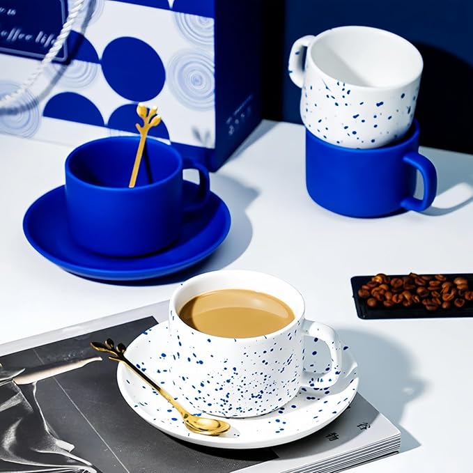 KLEIN BLUE Ceramic Coffee Mug and Saucer 6-Piece Gift Set, Includes 2 Mugs, 2 Saucers and 2 Gold Spoons (White+white)