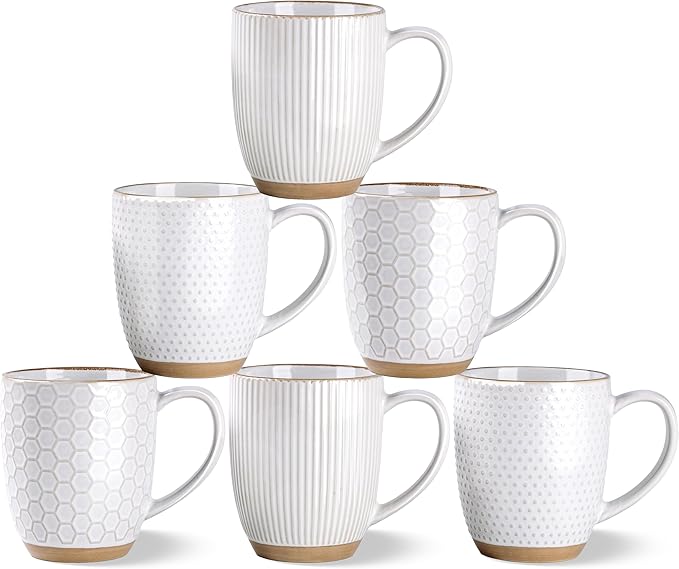 GBhome Large Coffee Mugs Set of 6, 16oz Handmade Embossed Coffee Mugs Set with Large Handle for Cappuccino/Latte/Tea/Hot Cocoa, Dishwasher & Microwave Safe, Off White