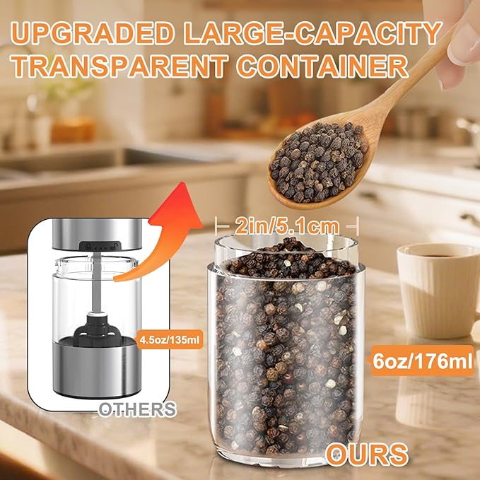 Gravity Electric Salt and Pepper Grinder Set Rechargeable, External Adjustable Coarseness, Automatic Salt and Pepper Shakers Mill with LED Light, 6oz/176ml Large Capacity, House Warming Gifts (1 Pack)