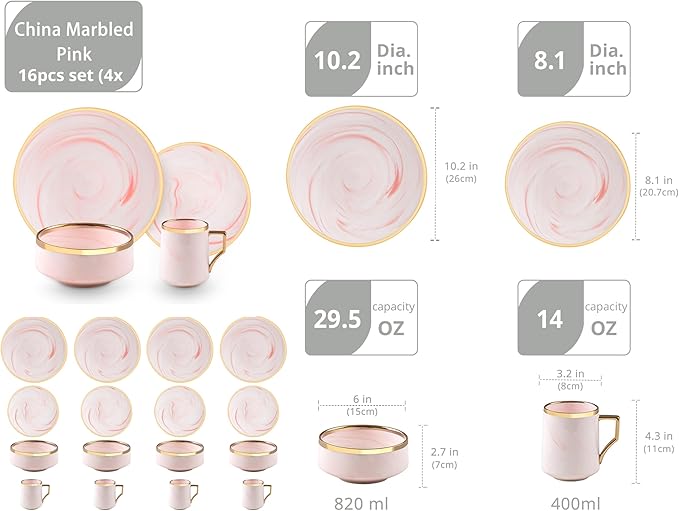 16 Piece Plates and Bowls Sets, Fine China Artisan Marbled Dinner Set for 4, Dishwasher Safe, Scratch Resistant, Pink with Gold Line