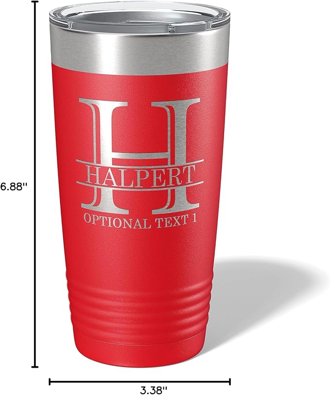 Personalized 20oz (17 Colors) Powder Coated Insulated Stainless Steel Tumbler with Lid, Custom Etched, Customized Engraved Gift Idea for Women Men Her Him, Halpert Monogram Initial Name (Red)