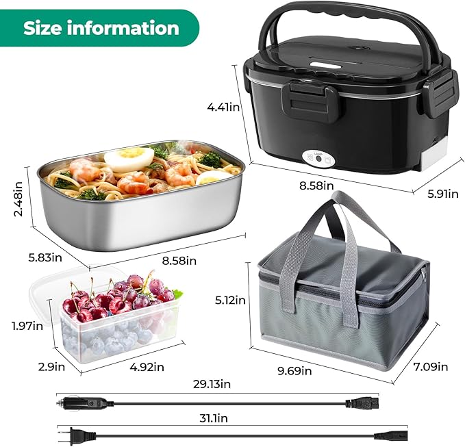 Vidaskeci Electric Lunch Box For Adults, 80W Heated Lunch Box 1.5L Stainless Steel Heatable Lunchbox For Men, 12V/24V/110V Portable Food Warmer For Car Truck Work竊똄lectric heating lunch box