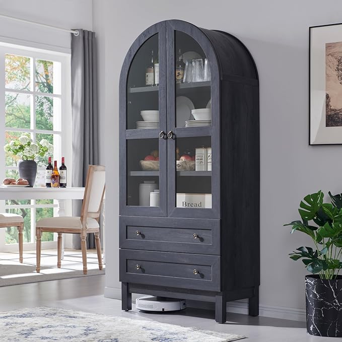 71" Tall Arched Kitchen Pantry Cabinet, Wood Kitchens Storage Cabinets with 2 Large Drawers and Adjustable Shelves, Modern Farmhouse Versatile Cupboard for Kitchen, Dining Room, Bathroom, Grey