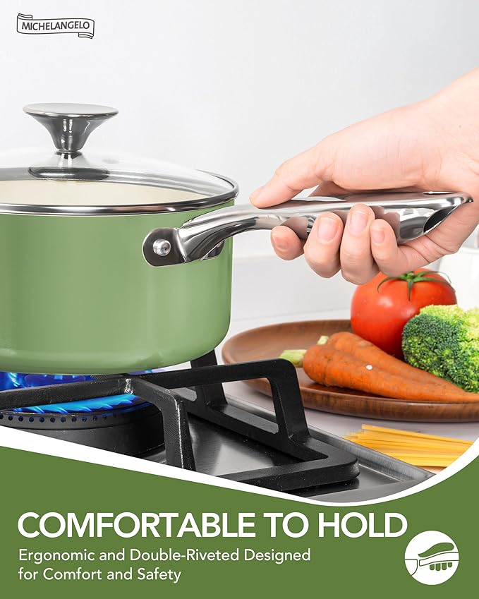 MICHELANGELO Pots and Pans Set Non Stick - Ceramic Cookware Set Non Toxic, 8-Pcs Nonstick Pots and Pans with Ergonomic Handle, Dishwasher Safe & Induction Compatible, Green