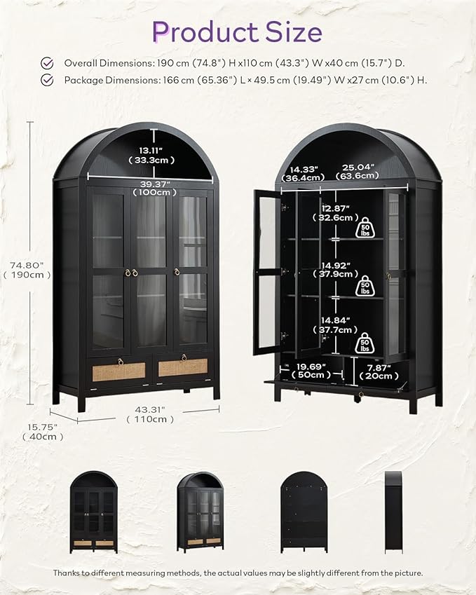 TYBOATLE 75 Inch Arched Cabinet Classic Farmhouse Design w/Three Glass Doors, Arch Cabinet w/Rattan Drawers and Anti-Tipping Device, Versatile Cupboard for Kitchen, Bathroom, Black