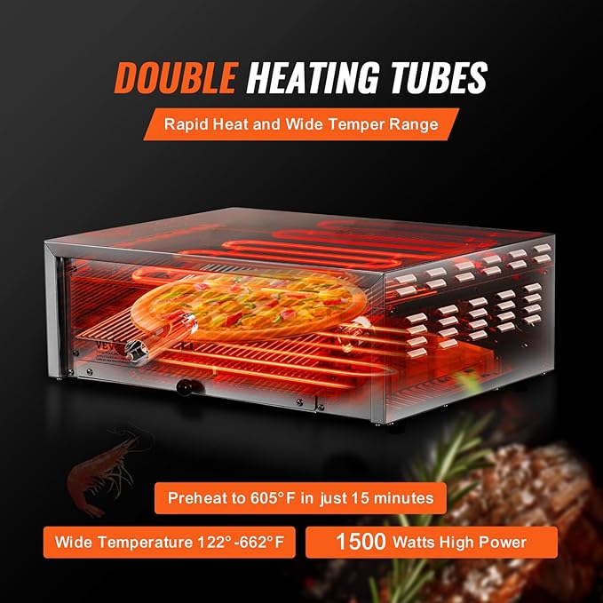 VEVOR Countertop Electric Pizza Oven, 12-inch, 1500W, 122-662??Temp Range, Stainless Steel Construction and Easy-to-Clean Crumb Tray, Suitable for Both Commercial and Home Use