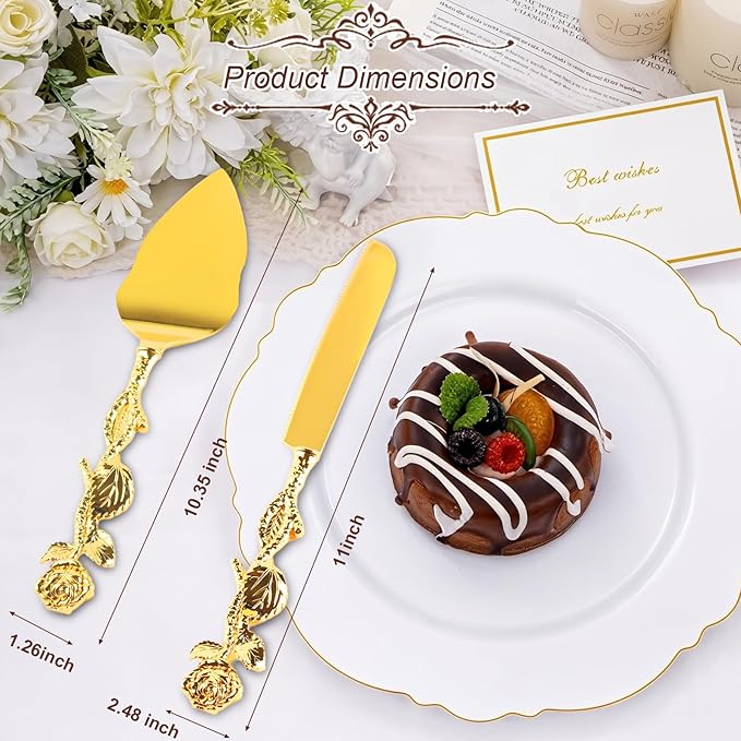 2 PCS Gold Cake Cutting Set, Wedding Cake Knife and Server Set, Vintage Engraved Cake Cutter and Serving Spatula for Wedding, Birthday, Anniversary, Party