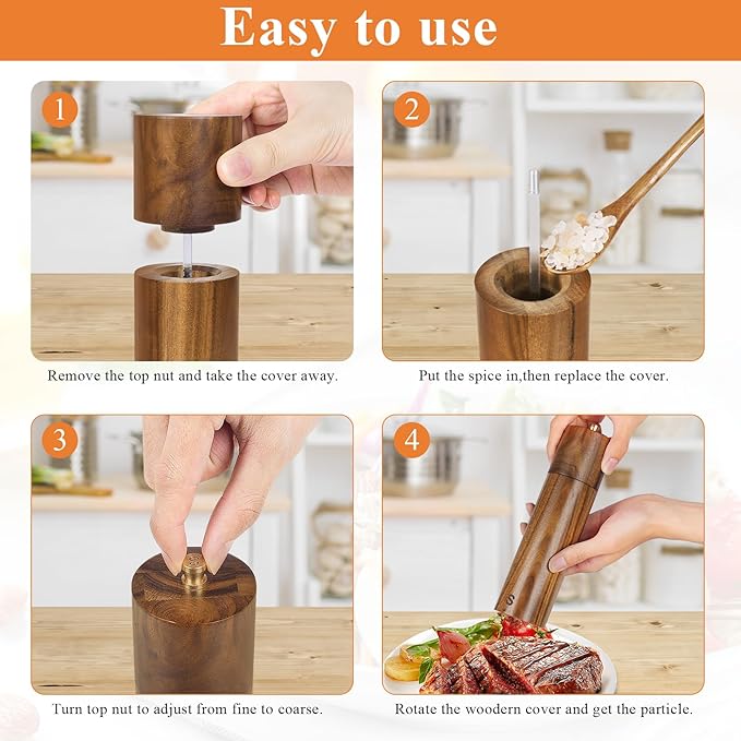 Wooden Salt and Pepper Grinder Set,8 Inch Manual Salt and Pepper Mill, Adjustable Coarseness and Refillable,Acacia Wood Pepper Grinder for your kitchen[Set of 2]