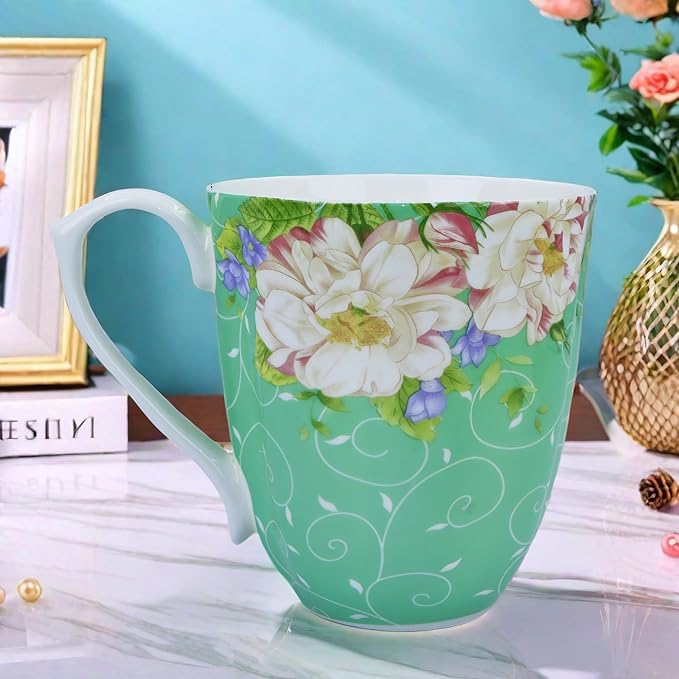 14oz Bone China Coffee Mugs for Women Floral Coffee Mug Tea Cups Novetly Coffee Cups Gift for Women Mom Friends (Green Magnolia)