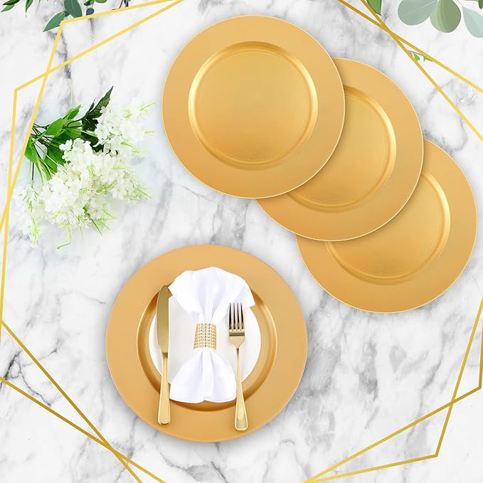 Tanlade 50 Pcs 13 Inch Charger Plates Bulk Round Wedding Chargers Plastic Dinner Plates for Table Setting Wedding Party Decoration (Gold)