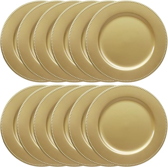 Set of 12 Gold Charger Plates with Beaded. 13" Reusable Plastic Table Chargers for Dinner Plates
