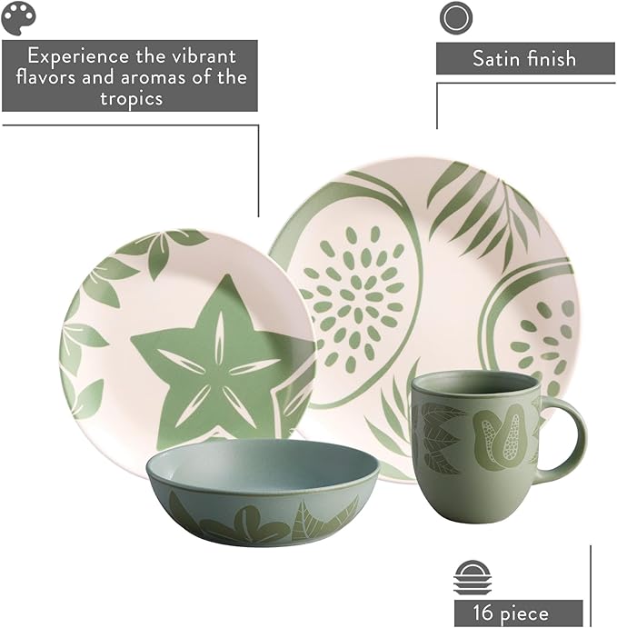 Corona 16?뱎iece Green Tropical Fruit Design Ceramic Dinnerware Sets | Plates, Bowls and Mugs | Service For 4 | Frutto