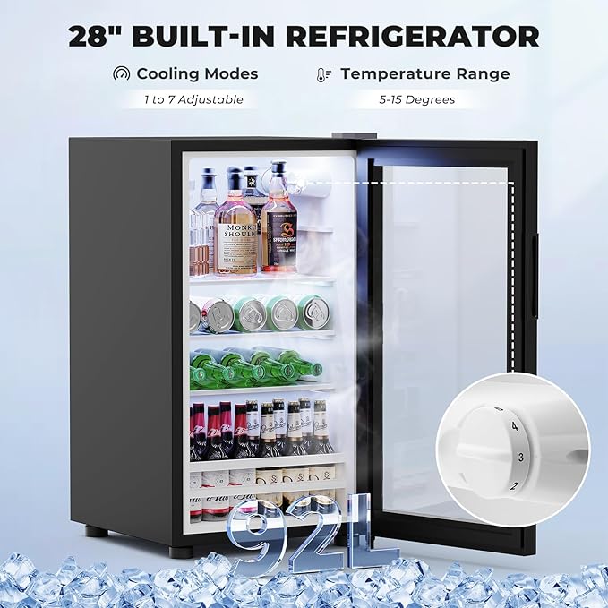 69" Kitchen Pantry with Fridge (Fridge Included), Fluted Coffee Bar Cabinet with Storage Hutch, Tall Wine Bar Cabinets with Drawers & Wide Countertop for Living Room, Dining Room, Black