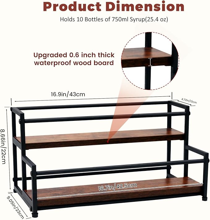Coffee Syrup Rack Organizer - Metal Bottle Holder for 10 Bottles ??Rustic Countertop Display Shelf for Coffee Bar, Kitchen Cabinet, Pantry Storage for Syrups, Liquor, Spice, Tea & Wine (2-Tier)
