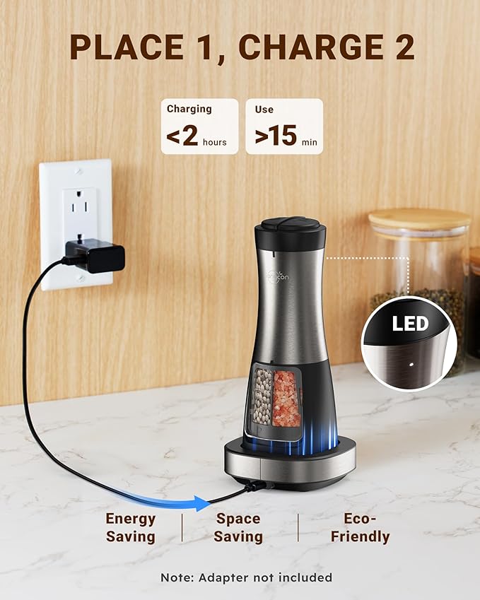 Sangcon Electric Salt and Pepper Grinder Set Shaker 2 IN 1 - USB RECHARGEABLE Salt and Pepper Mill with Charging Base, Adjustable Coarseness Automatic Grinder with Light, House Warming Cooking Gifts
