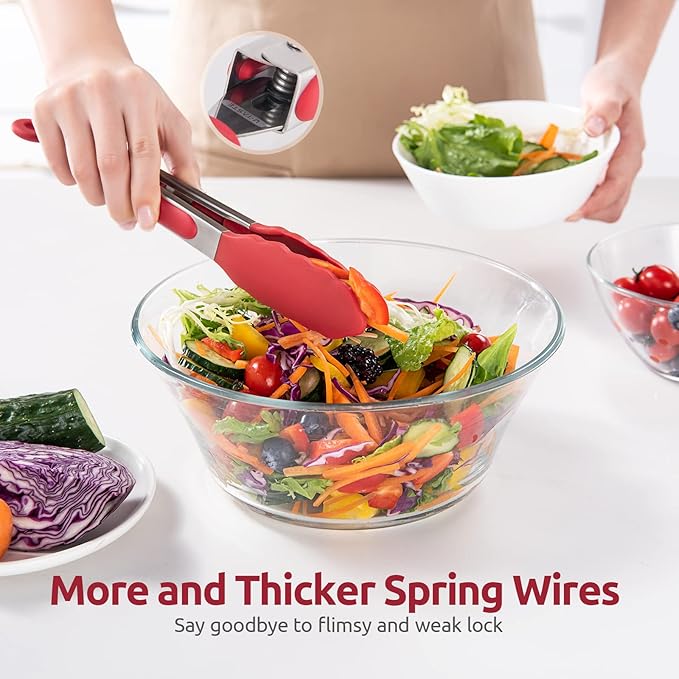 600쨘F Heat Resistant Kitchen Tongs: U-Taste 9 inch Silicone Cooking Tong with Firm Sealed Non Stick Rubber Tips & Silicon Coated 18/8 Stainless Steel Handle & Smooth Locking for Serving Salad (Red)